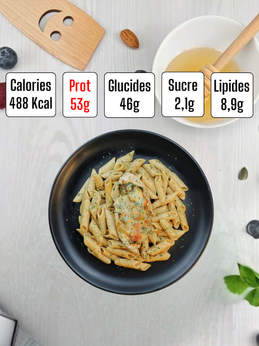 BLANC DE POULET GRATINÉ AVEC PÂTES COMPLÈTES À LA MOZZARELLA ET PERSIL