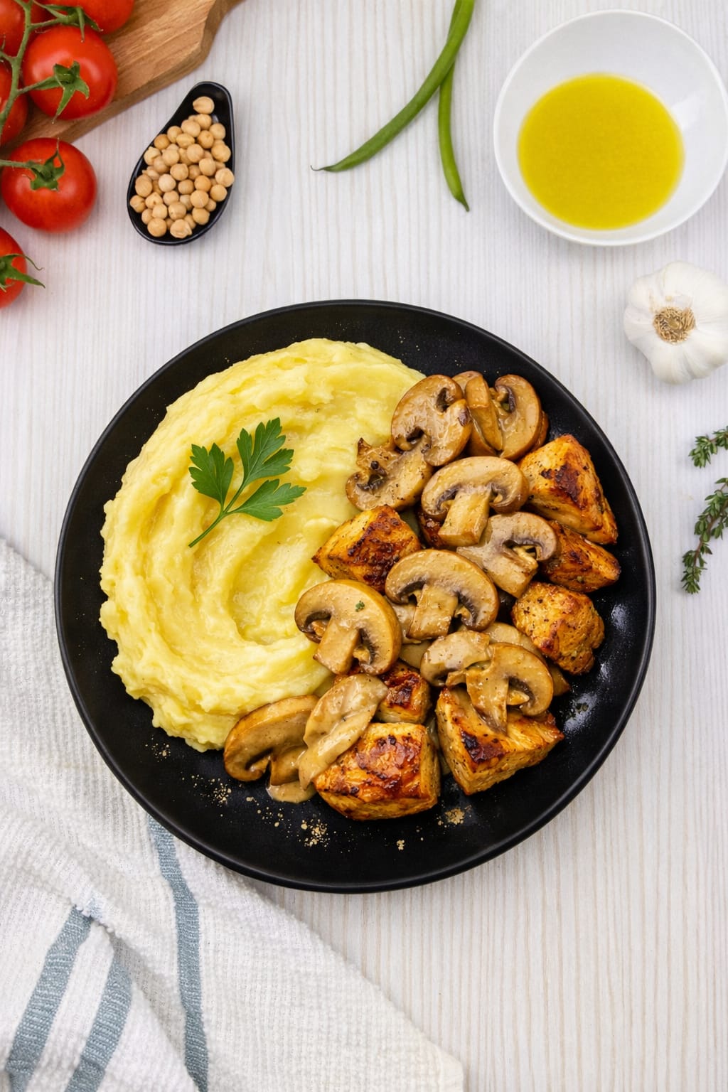 Blanc de poulet avec purée de pommes de terre et sauce aux champignons