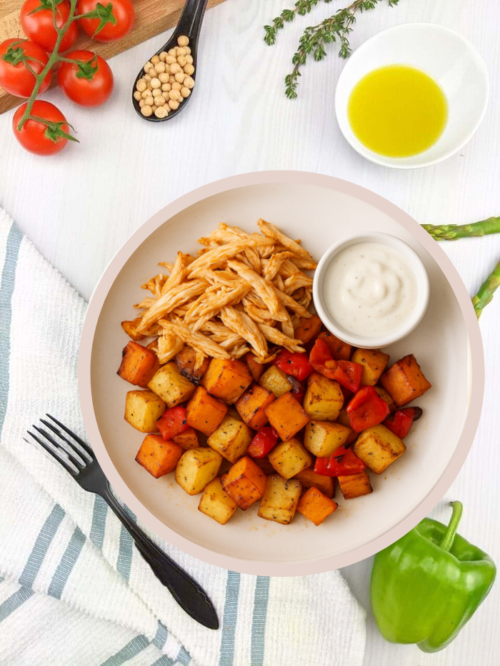 Duo de pommes de terre & effiloché de blanc de poulet
