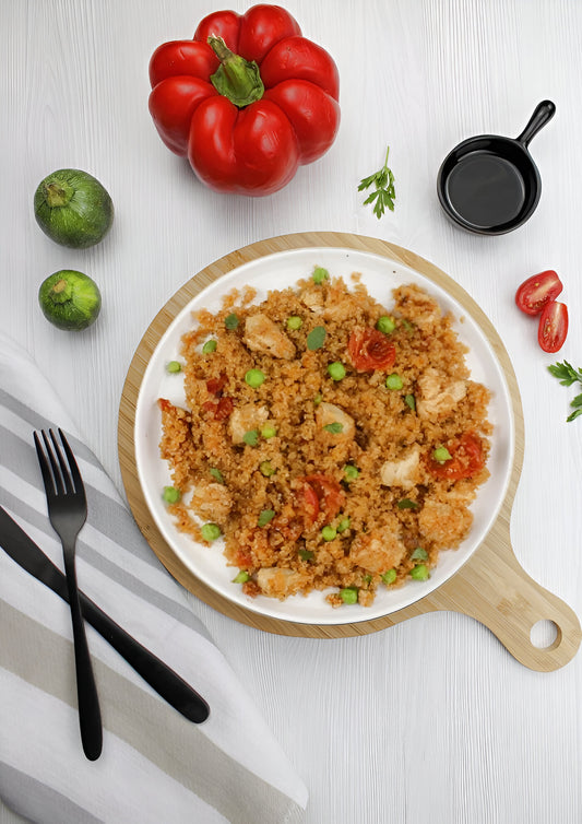 quinoa aux petits pois et poivrons rouges avec poulet tandoori (a)