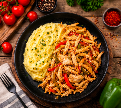 Effiloché de blanc de poulet avec légumes & écrasée de pommes de terre maison