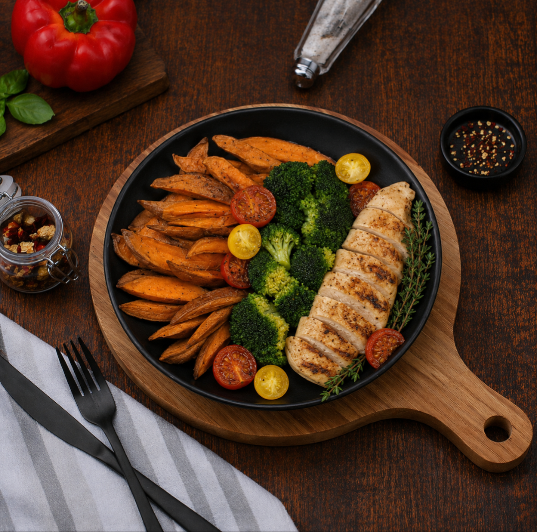 BLANC DE POULET GRILLÉ AVEC PATATES DOUCES ET BROCOLIS AU FOUR